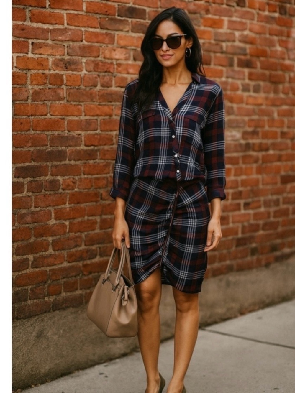 Veronica Beard Navy, Burgundy & White Plaid Shirtdress Size 8